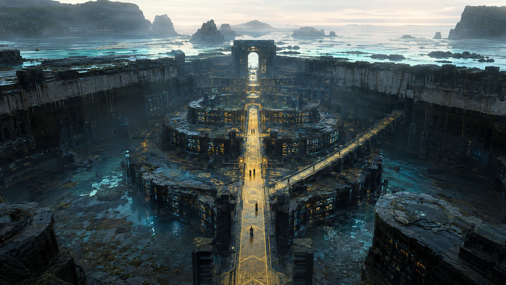 退潮后的海岸露出一座巨型环形档案城,金色步道贯穿幽暗建筑并通向远方明亮海门。